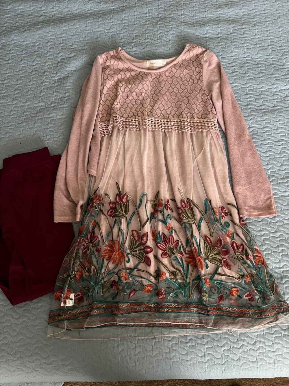 Simply Couture Mauve Long-Sleeve Embroidered Tulle Dress